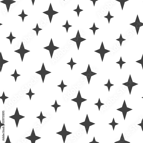 Seamless pattern of black four-pointed stars on white background. Simple geometric star design.
