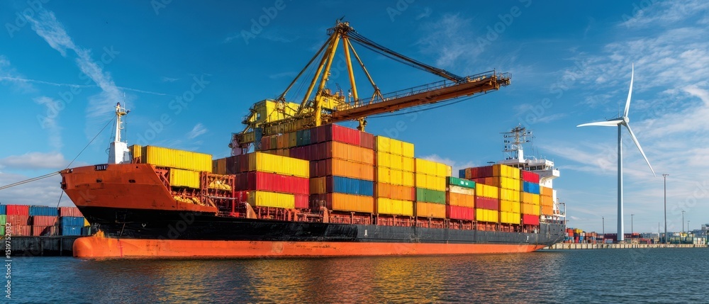 Fototapeta premium The colorful container ship docked at a busy harbor with wind turbines.