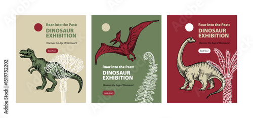 Hand drawn dinosaurs illustration. Vector sketch prehistoric animal design. Museum exhibition poster set