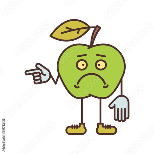 Apple character points finger and dissatisfied