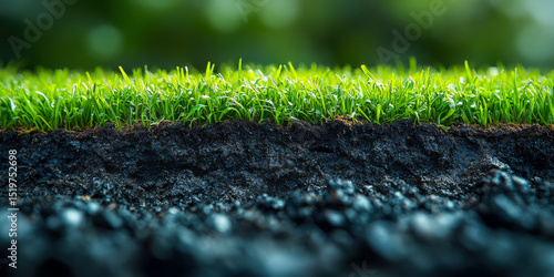 Detailed close-up of lush grass and rich soil layers showcasing nature's textures and colors in an outdoor setting during daylight