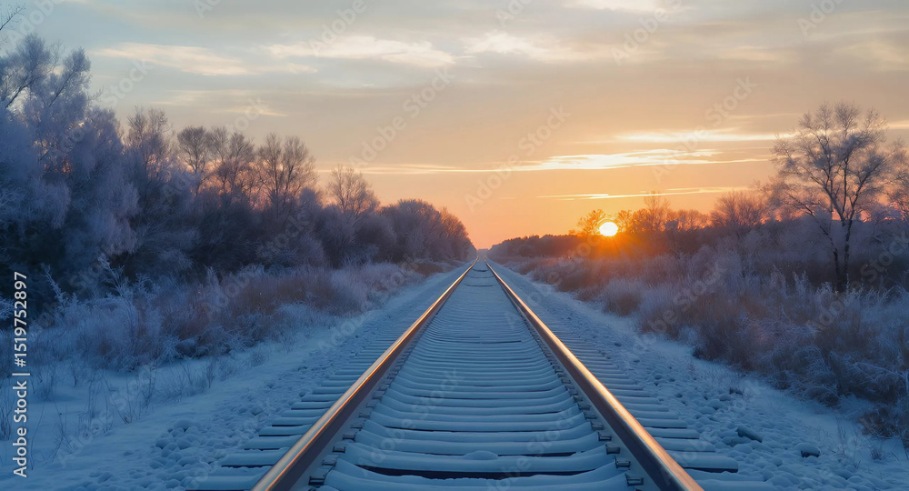 Fototapeta premium A railroad track stretches into the distance against a vibrant sunset sky, Generative AI.