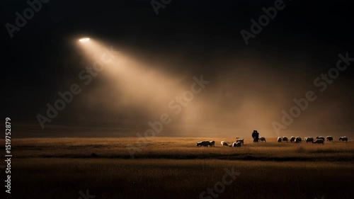Shepherds gaze at radiant angel in the night sky above their flock in a quiet, rural field