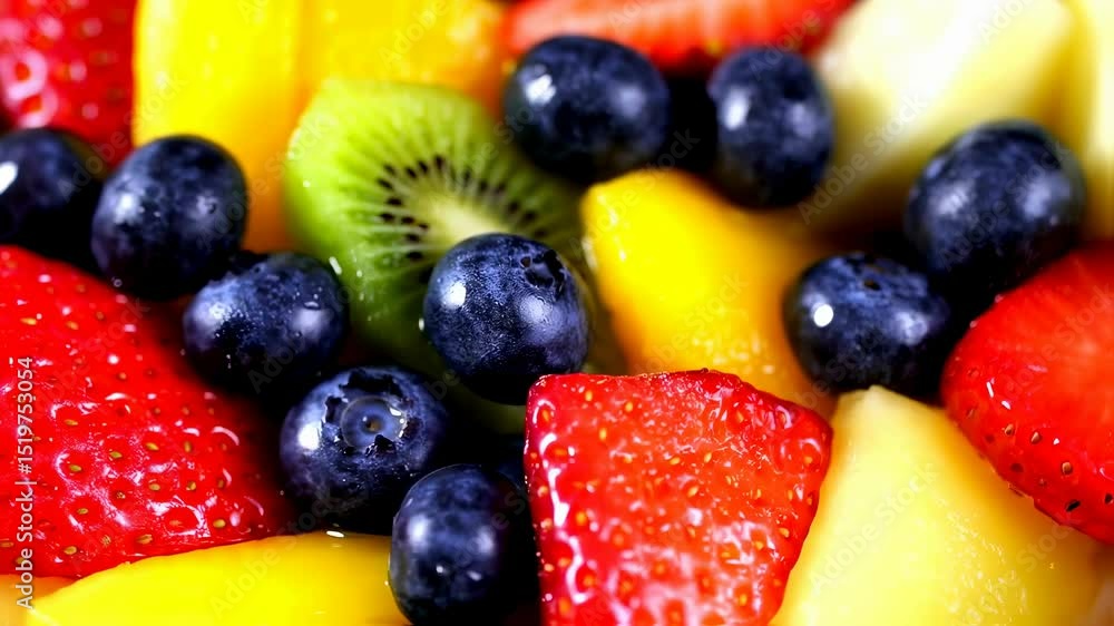 Vibrant assortment of fresh fruits showcasing strawberries, blueberries, and kiwi Vibrant assortment of fresh fruits showcasing strawberries, blueberries, and kiwi