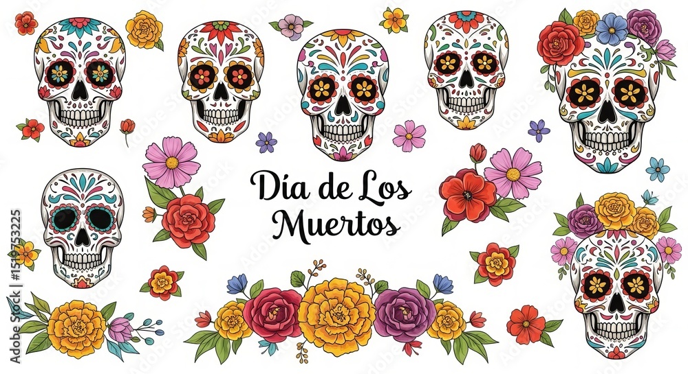 Floral and skull-themed decorative elements for Dia de los Muertos invitations and posters Floral and skull-themed decorative elements for Dia de los Muertos invitations and posters