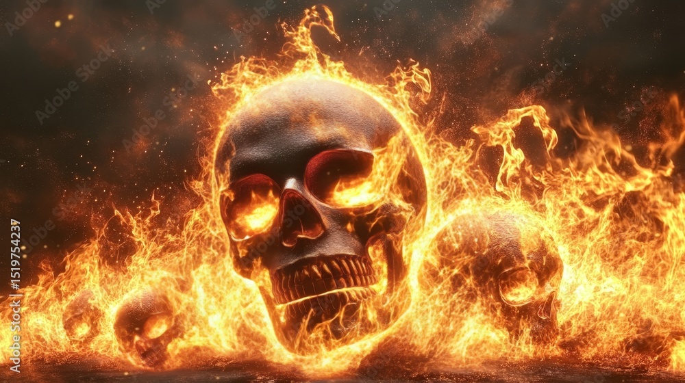 Eerie Burning Skull Surrounded by Fiery Flames and Smoke, Symbolizing Death and Mortality in Art Eerie Burning Skull Surrounded by Fiery Flames and Smoke, Symbolizing Death and Mortality in Art