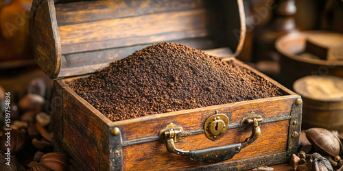 Luxurious still life featuring a wooden chest overflowing with rich coffee grounds surrounded by assorted nuts and spices