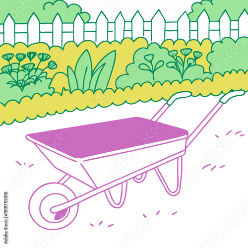 Garden wheelbarrow in front of colorful flowerbed and fence  