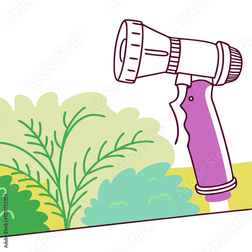 Watering nozzle on garden hose next to green plants and soil  