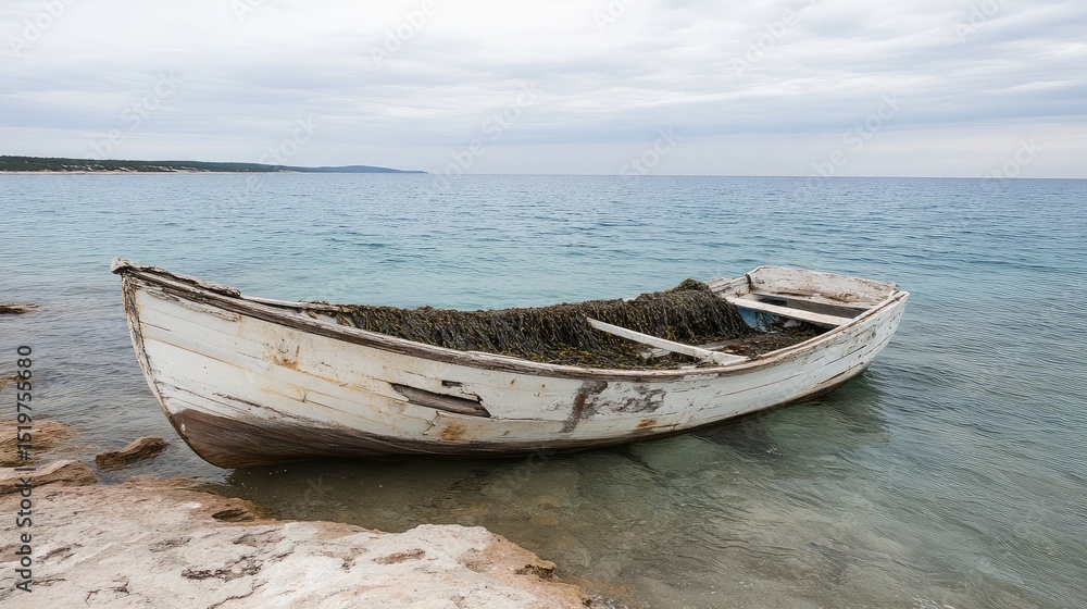 Fototapeta premium Deteriorating fishing boat partially sunken near the shore with seaweed covering the hull