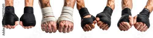 Boxer wrapped fists in black and white hand wraps isolated on transparency background showing strength and focus