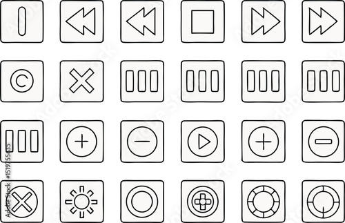 Hand-drawn icon set of multimedia controls and interface elements