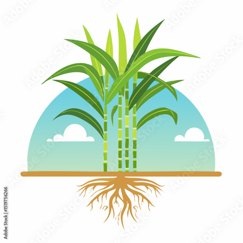 Sugarcane Illustration: A vibrant illustration showcases a sugarcane plant, its lush green stalks and leaves reaching towards a clear blue sky. The intricate root system grounds the plant.