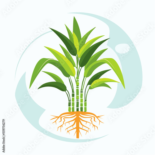 Green Bamboo Plant Illustration: This graphic showcases a vibrant green bamboo plant with a detailed illustration of its roots, with lush green leaves reaching upward.