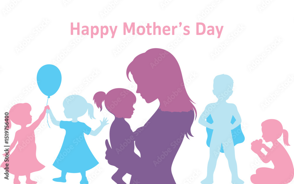Happy mother's day illustration of a mother and children in silhouettes Happy mother's day illustration of a mother and children in silhouettes