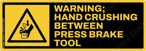 warning safety signs v3 uppercase text_warning ; hand crushing between press brake tool._landscape size 1/2 a4,a3,a2,a1	 
