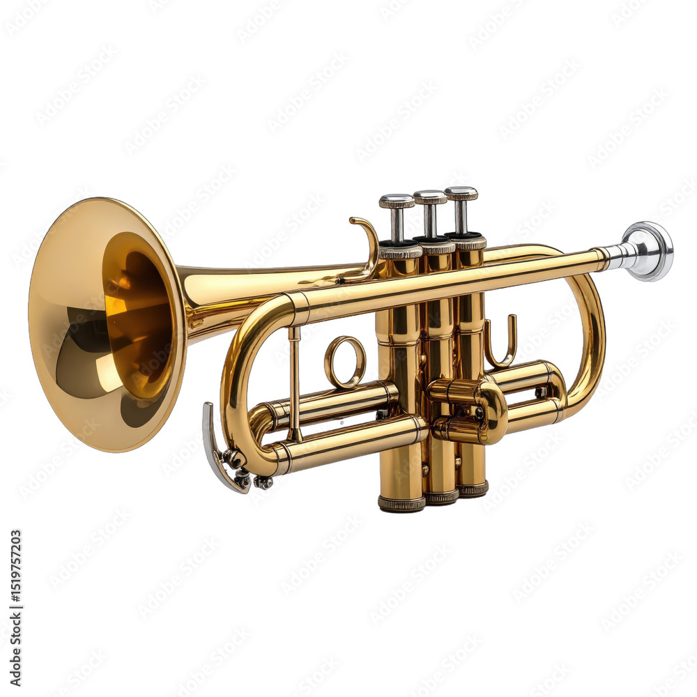 Obraz premium Brass piccolo trumpet with intricate valve details isolated transparency background, shiny musical instrument with reflective