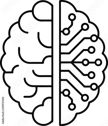AI brain circuit Vector Line art Half Human Brain Half Circuit Board in Vector Style