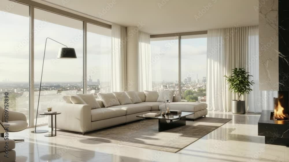 Modern Luxury Apartment Interior with Fireplace, City View, and Elegant Furnishings Depicting Urban Living Modern Luxury Apartment Interior with Fireplace, City View, and Elegant Furnishings Depicting Urban Living