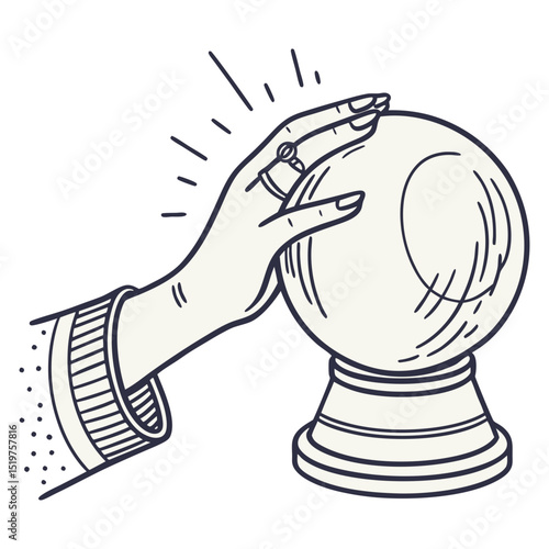 Hand with ring gazing into crystal ball fortune telling illustration