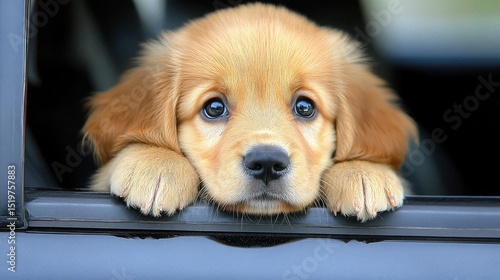 A curious puppy sticks its head out of the car window, marveling at the passing world