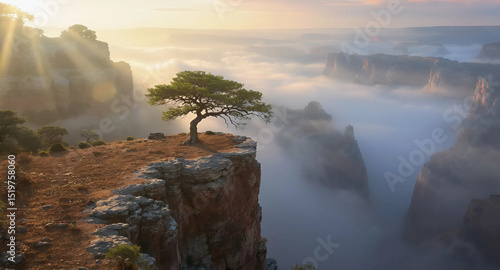 A solitary tree on a cliff gazes at a vibrant sunrise over the horizon, Generative AI.