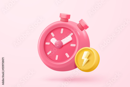 3D thunder bolt icons with coupon for sales and shopping online purchases. symbol of thunderbolt energy, flash lightning on time alert notification. 3d clock reminder icon vector render illustration