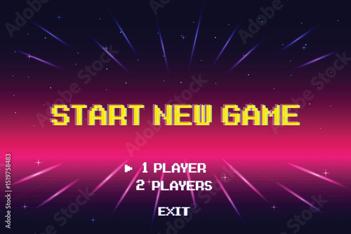 START NEW GAME play. Synthwave wireframe net illustration. pixel art .8 bit game. retro game. for game assets. Retro Futurism Sci-Fi Background. glowing neon grid. and stars.