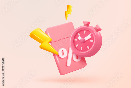 3d alarm clock icon alerting with promotion tags for money discount concept. Reminder promo for shopping online in pastel background. 3d promo tage with clock alerting icon vector render illustration