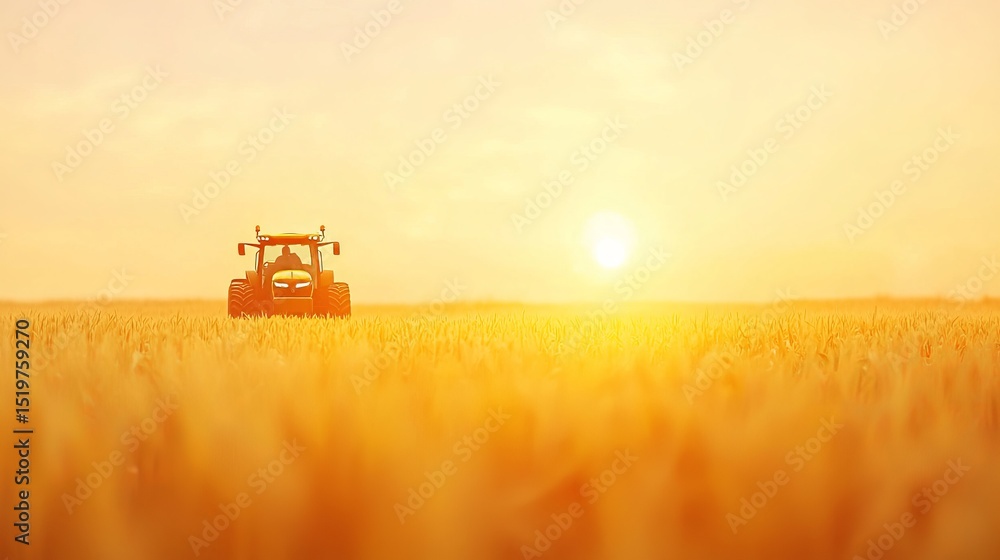 Fototapeta premium Silhouette of a tractor in a golden wheat field at sunset. Agricultural landscape, farming, harvest, rural scene.