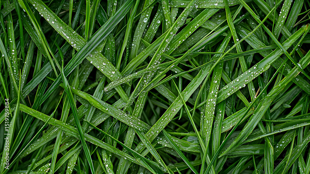 Close Up View Of Wet Grass Blades With Dew Drops Close Up View Of Wet Grass Blades With Dew Drops