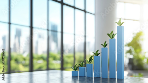 Bar chart illustrating financial growth with green plants symbolizing progress and sustainability in modern office setting