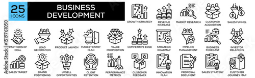 Business Development icon collection set. Containing design Growth Strategy, Revenue Increase, Market Research, Customer Acquisition, Sales Funnel