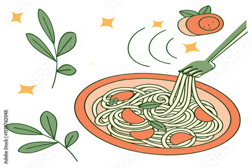 Italian pasta. Vector fun modern food art illustration of pasta, plate of spaghetti, tomato, typography, fork for kitchen or cafe wall poster, background, decor. More pasta please. Bon appetit 