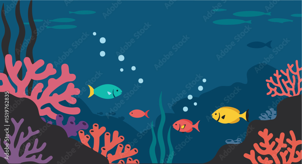 Fototapeta premium Vibrant Underwater Scene Minimal Vector Illustration Colorful Fish and Coral Reef Illustration