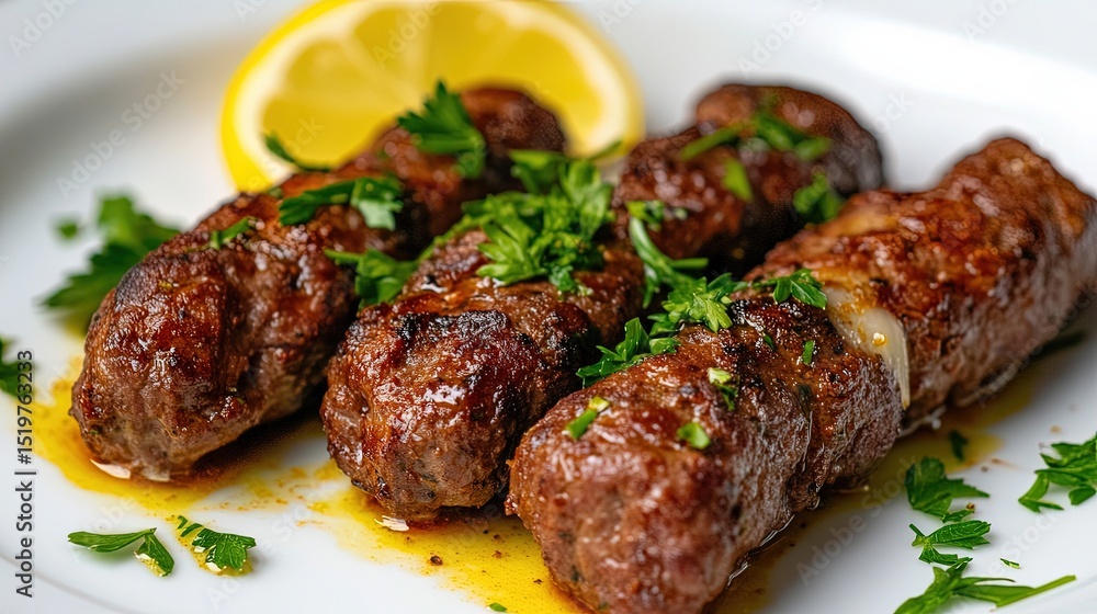 Adana kebab on a bright white dish, garnished with parsley and served with a lemon slice, minimalistic background for emphasis. Adana kebab on a bright white dish, garnished with parsley and served with a lemon slice, minimalistic background for emphasis.