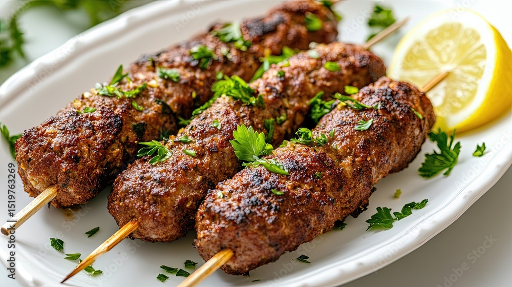 Adana kebab on a bright white dish, garnished with parsley and served with a lemon slice, minimalistic background for emphasis. 