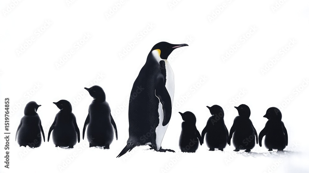 Obraz premium Silhouette of a penguin family in varying sizes centered on a pure white background