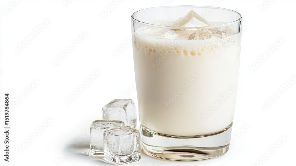 Clear glass of chilled ayran with frothy top and ice cubes, set on a white background with no other distractions. Clear glass of chilled ayran with frothy top and ice cubes, set on a white background with no other distractions.