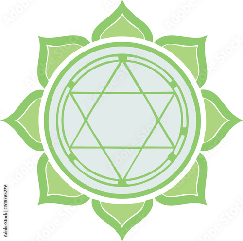 Green heart chakra symbol for yoga studios, meditation guides, wellness posters, and infographics