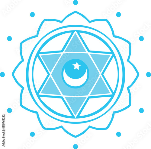 Blue chakra symbol with star and crescent, perfect for yoga, holistic health,