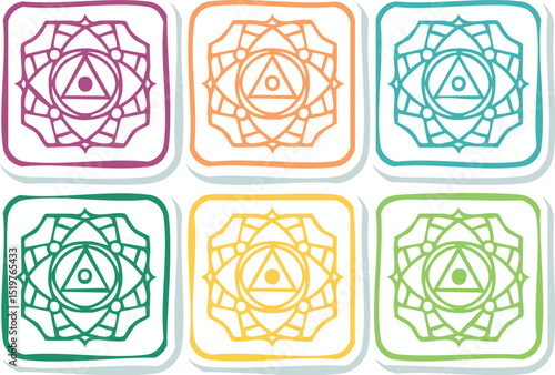 Set of colorful chakra icons in squares for infographics