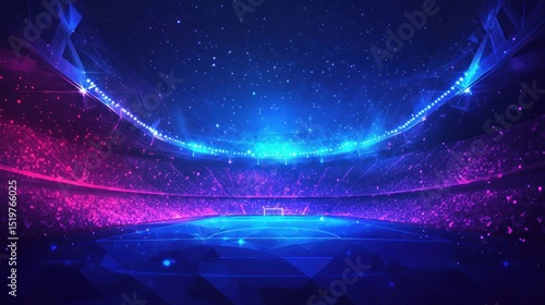 Futuristic stadium with vibrant blue and pink neon lights, glowing particles and geometric shapes.