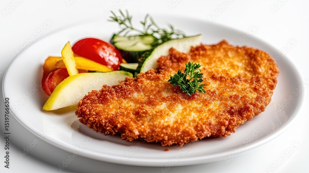 Close-up of a schnitzel on a delicate porcelain plate, the edges crispy and golden, with a small portion of vegetables on the side, shot on a white surface. Close-up of a schnitzel on a delicate porcelain plate, the edges crispy and golden, with a small portion of vegetables on the side, shot on a white surface.