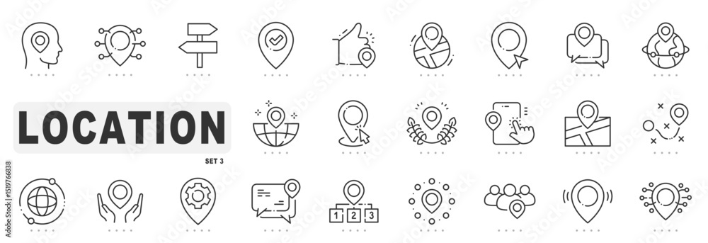 Set of location related line icons. Pointer, marker, pin, direction etc. Editable stroke. Set 3 Set of location related line icons. Pointer, marker, pin, direction etc. Editable stroke. Set 3