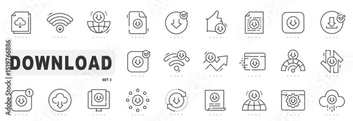 Set of download related line icons. Button, save, down, upload etc. Editable stroke. Set 3