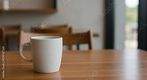 White Mug on a Wooden Table in a Cafe Interior