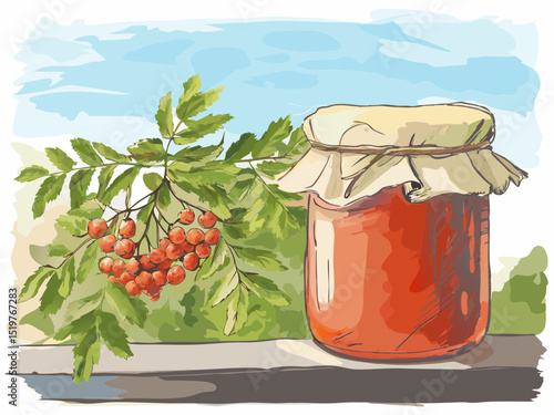 Jar of rowan berry jam on a table with leaves and blue sky  