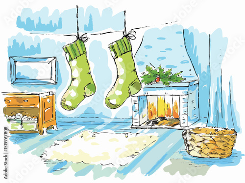 Cozy interior with hanging green socks by the fireplace in winter  