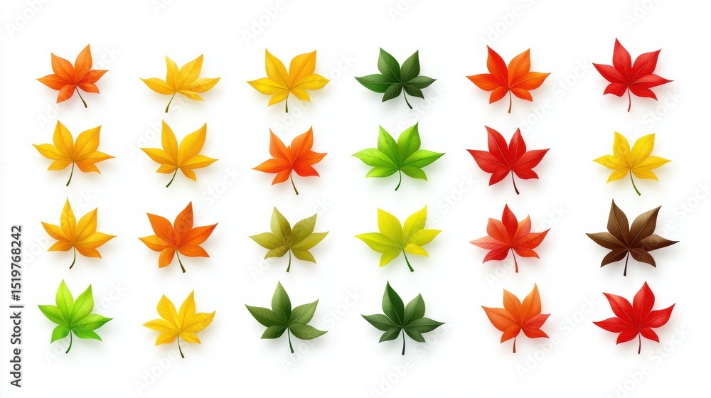 Set of Colorful Maple Leaves in Various Autumn Hues Set of Colorful Maple Leaves in Various Autumn Hues